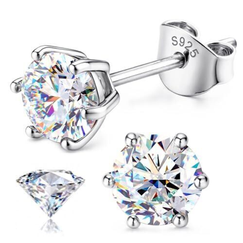 3029 Moissanite Earrings Studs : 18K White Gold Plated 925 Sterling Silver - Picture 1 of 7